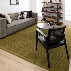 a living room with a couch, chair and coffee table on the floor in front of a bookshelf