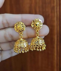 22k Real Dubai Gold Finish Small Dangling Jhumka Earrings.  *Simple - Lightweight- cute 😍, *Size:  Drop Length 3.5 Cm and umbrella jhumkas width each 2 Cm. * Best For everyday wear but maintain our jewelry Care guidelines. ●SAME Day Shipping if you place order between  1 am to 1 pm.  ● Ships Next working day from New York city with USPS standard 3-5 working day delivery service.  ● Free Shipping Over $35 Shopping. ● Everyday Wear Convince Earrings for Gold Lovers. ● Handmade and Finished Simple Festive 22k Gold Jhumkas With Latkans, 22k Gold Tilla Jhumkas, Gold Cutdana Danglers For Navratri, Navratri Gold Danglers With Cutdana, 22k Gold Meenakari Jhumkas For Diwali, Gold Cutdana Jhumkas For Eid, Gold Chandbalis With Latkans For Navratri, Navratri Gold Cutdana Danglers, Round Danglers For Puja And Diwali