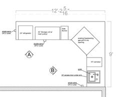 the floor plan for a kitchen with an oven and sink, as well as a counter top