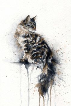 a watercolor painting of a cat sitting on top of a table with dripping paint