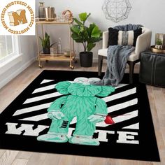 a rug with an image of a green teddy bear on it in the middle of a living room