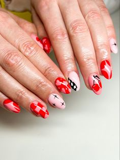 Valentines Acrylics Almond, Cruel Summer Nails, Detailed Valentines Nails, Retro Style Nails, Retro Red Nails, Edgy Valentines Day Nails, Groovy Valentines Nails, Valentines Nails Unique, Cherry Valentines Nails