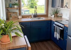 a kitchen with blue cabinets and wooden counter tops next to a large potted plant