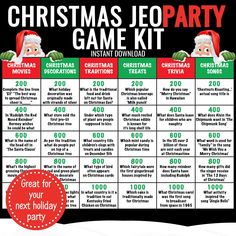 the christmas jeo party game kit is shown with an image of santa claus on it