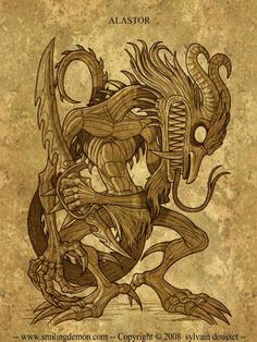 an old style drawing of a demon