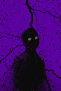 the silhouette of a man with glowing eyes stands in front of purple and black background