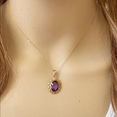 Description: 14k Solid Gold February Oval Birthstone Amethyst Pendant Necklace Item No.: P2.33/2331 Metal Type: 14k Solid Gold (Stamped 14k) Metal Color: Yellow Gold. Measurement: 16"-18" Adjustable Length Chain. Pendant With Bale: 26 X 15 Mm. Est. Total Weight: 4.05 Grams (2.33 Pendant + 1.72 Chain) Brand New In A Jewelry Box Violet Pendant Necklace, Oval Amethyst Pendant, Oval Stone Pendant, Amethyst Jewelry Necklace, Pendant Settings, February Birthstone Necklace, Amethyst Pendant Necklace, Oval Pendant Necklace, Shine Jewelry