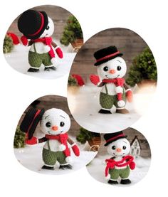 four pictures of a snowman with a hat and scarf