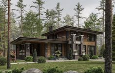 this is a computer rendering of a house in the woods with lots of trees and shrubs