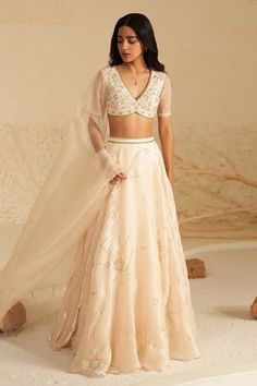 Shop for Zoon Cream Blouse Aari Hand Embroidered Lehenga Set for Women Online at Aza Fashions Lengha Blouse Designs, Lehenga Top, Cancan Lehenga, Sheer Dupatta, Simple Lehenga, Organza Lehenga, Indian Outfits Lehenga, Aari Blouse, Lehenga Designs Simple