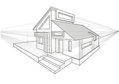 a drawing of a house with stairs and windows on the roof stock photo - image