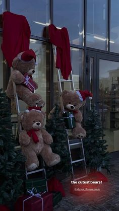 two teddy bears on ladders with christmas trees