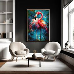 a living room with two white chairs and a painting on the wall above them that has a flamingo in it