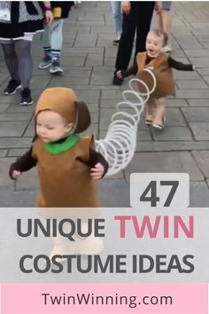 two toddlers dressed in costumes with text overlay that reads 47 unique twin costume ideas