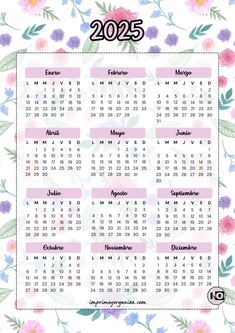 a calendar with flowers on it for the new year, in pink and blue colors