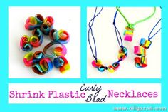 three different types of necklaces made out of plastic tubes and beads with text overlay that says shrink plastic necklaces