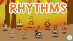 the words rhythms are in front of an image of trees and pumpkins