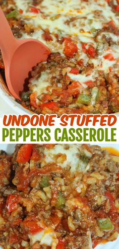 a casserole dish filled with ground beef and vegetables, topped with melted cheese