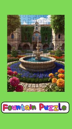 a puzzle with flowers and a fountain in the middle