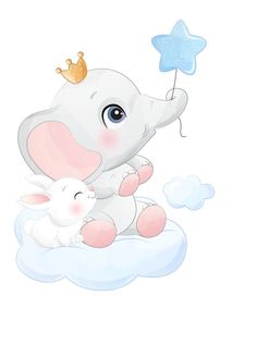 an elephant is holding a baby sheep in the sky with a star on its head