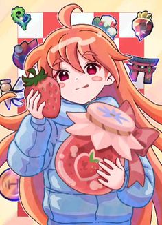 an anime character holding a strawberry in her hands