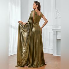 Golden Goddess Gown With Long Shoulder Train, Zipper In Back With Empire Waist Along, Size 12 (Xl) Very Flowy Gold Nightgown Aelin, Gold Godess Dresses, Gold Floor-length Gown With Sweep Train, Goddess Maternity Dress, Chiton Dress, Metallic Goddess Dress, Greek Dress Goddesses, Dress For Banquet, Cocktail Dress Elegant