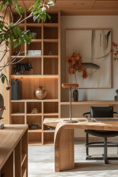 an office with wooden shelves, desks and plants in the corner on either side