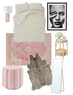 a pink and white bedroom with accessories on the bed, rugs, mirror, table lamp, and framed photograph