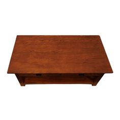 a wooden table with two drawers on one side and an open drawer on the other