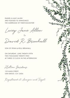 an elegant wedding card with greenery on the front and back, in black ink