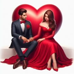 a man and woman sitting next to each other in front of a heart