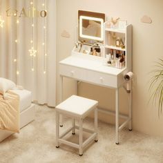 a bedroom with a white vanity table and stool next to a window covered in fairy lights