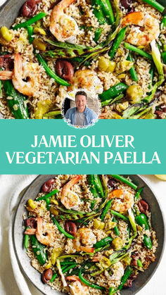 Jamie Oliver Vegetarian Paella Jamie Oliver Vegetarian, Prawn Paella, Jamie Oliver 30 Minute Meals, Padron Peppers, Paella Recipes, Vegetarian Paella, Easy Paella, Steamed Asparagus