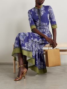 The ornate floral motif of Etro's midi dress gives it a whimsical, bohemian feel. Cut in Italy from lightweight cotton-poplin, it has cropped sleeves and a nipped-in waist that adds shape to the floaty gathered hem. Complement the plunging v-neckline with a long pendant necklace. Elegant Day Dresses, 2024 Dresses, Cropped Sleeves, Printed Cotton Dress, Long Pendant Necklace, Long Pendant, Blue Midi Dress, Printed Dress, Wide Leg Trousers