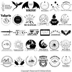 various logos and emblems are shown in black and white, with the words written below them