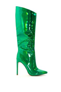 holographic green mid calf length stiletto boots with a pointed toe Colored Boots, Silver Boots, Green Accessories, Azalea Wang, Sandal Platform, Faux Leather Boots, Stiletto Boots, Knee High Leather Boots, Boot Brands