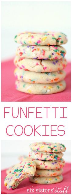 a stack of cookies with sprinkles on top and the words funfetti cookies