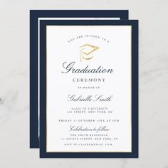 a graduation party card with the words, congratulations in gold and blue on it's front