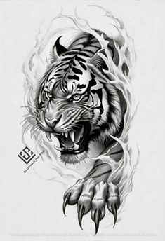 a black and white drawing of a tiger's head with flames coming out of it