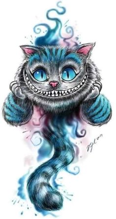 a drawing of a cat with blue eyes and fangs on it's head, in the