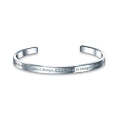 Display your faith in refined style with this meaningful cuff bracelet. Created in stainless steel, this 5.33mm-wide bracelet features the serenity prayer inscribed in uppercase and lowercase fonts along the outside. An offset crystal accent adorns the design for a touch of sparkle. Polished to a bright shine, this cuff measures 8.0 inches in circumference and slips on and off for easy wear. Inspirational Silver Stainless Steel Bracelets, The Serenity Prayer, Prayer Ring, Wide Cuff Bracelets, Serenity Prayer, Wide Bracelet, Refined Style, Uppercase And Lowercase, Wide Cuff