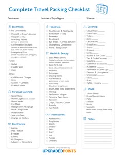 the complete travel packing checklist is shown in this printable version, which includes items for