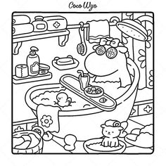 coloring pages for children with cartoon characters in the bathtub and toys on the floor