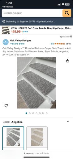 the website for carpet and rugs is displayed on an iphone screen, with several options to choose from