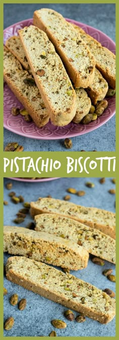 pistachio biscotti bread on a pink plate with pistachio seeds