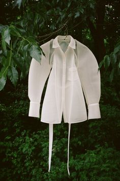 a white shirt hanging from a tree branch