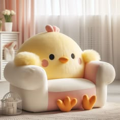 a stuffed chicken sitting on top of a white chair