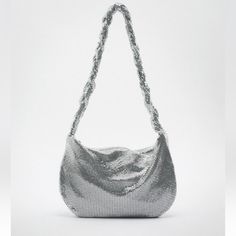 Zara Sparkly Shoulder Bag Beautiful Elegant Zara Party Bag, Elegant Zara Party Bags, Chic Silver Zara Shoulder Bag, Chic Zara Evening Bag For Party, Elegant Party Bags By Zara, Elegant Zara Shoulder Bag For Party, Silver Zara Shoulder Bag For Evening, Zara Silver Evening Shoulder Bag, Zara Silver Shoulder Bag For Evening