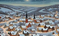 a painting of a snowy town with houses and hills in the background, under a full moon