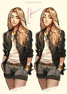 a drawing of a girl with long blonde hair wearing shorts and a black leather jacket